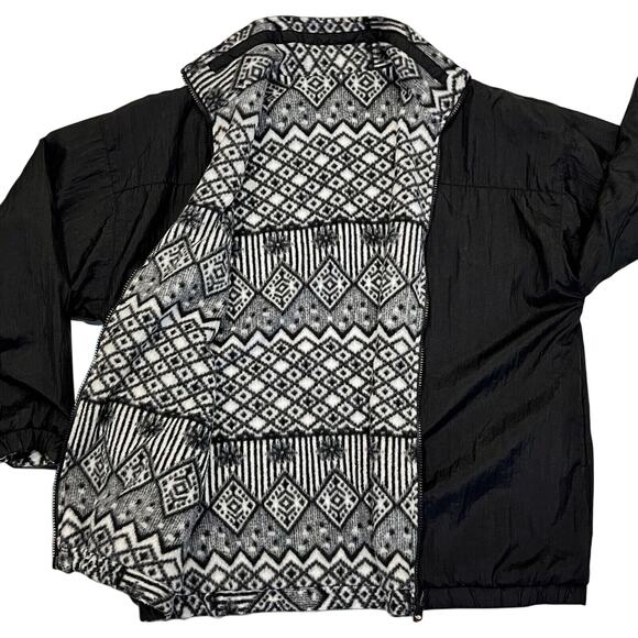 Vtg Reversible Fleece Nylon Jacket Women M Black White Aztec Pattern Fall Winter - Picture 1 of 16